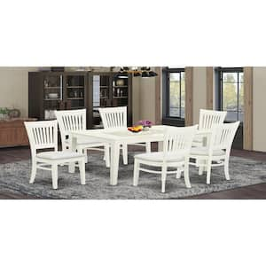 7-Piece Rectangle Linen White Finish Solid Wood Top Dining Table with 6 Chairs with Slat Back