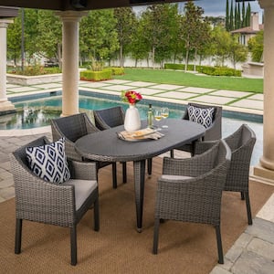 Benjamin 30 in. Grey 7-Piece Metal Oval Outdoor Dining Set with Silver Cushions