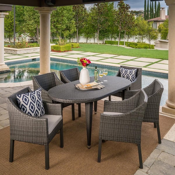 Noble House Benjamin 30 in. Grey 7-Piece Metal Oval Outdoor Dining Set with Silver Cushions