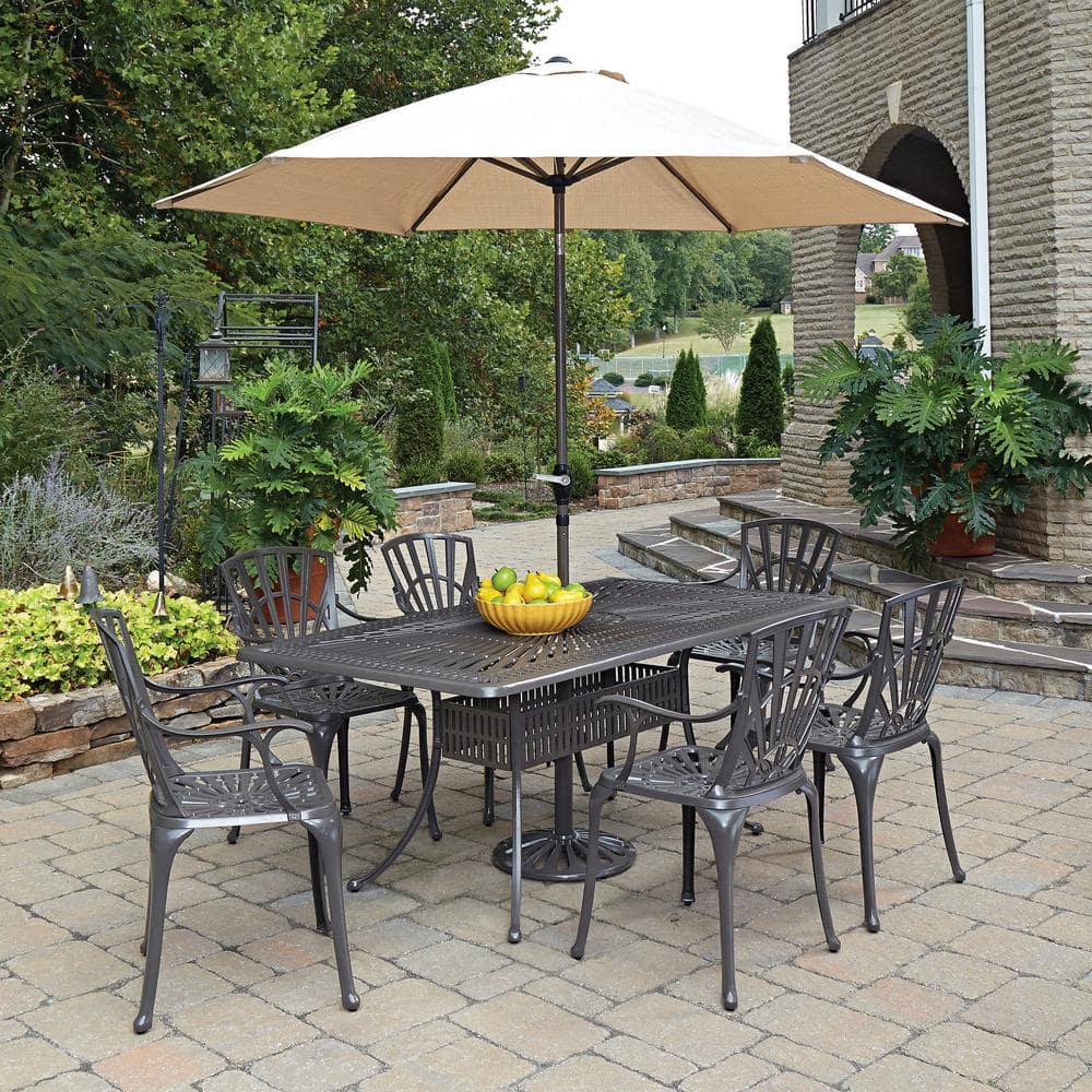 HOMESTYLES Grenada Taupe Tan 7-Piece Cast Aluminum Rectangular Outdoor ...