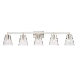 Analia 45.75 in. 5 Light Brushed Nickel Vanity Light with Clear Ribbed Glass Shade with No Bulbs Included