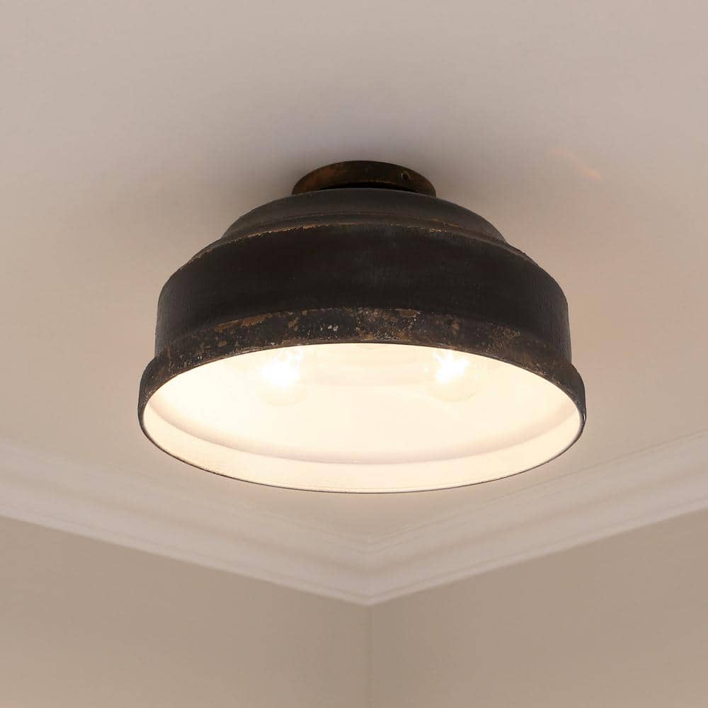 Antique Black Iron and Glass 3-Light Flush Mount