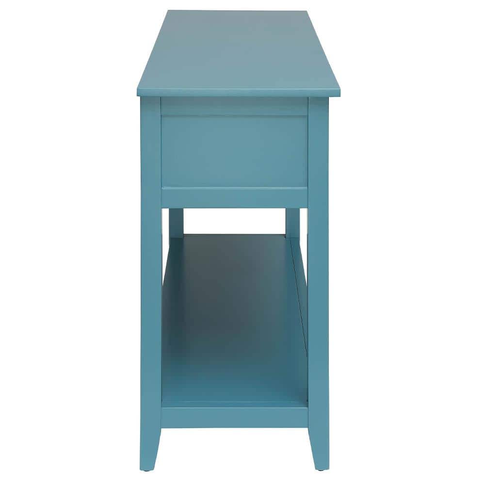 Teal Wood Console Table with Storage Baskets and Shelf