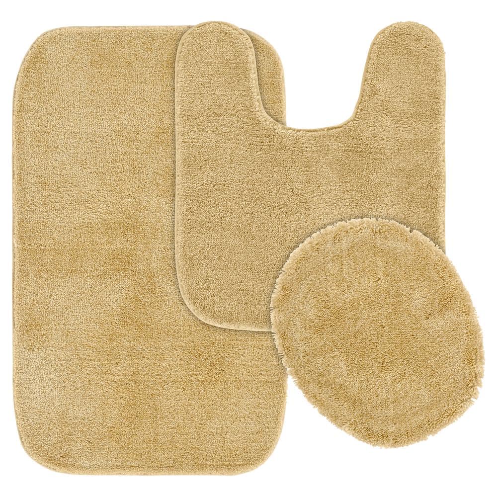 Beige Nylon Traditional 3-Piece Washable Bath Rug Set