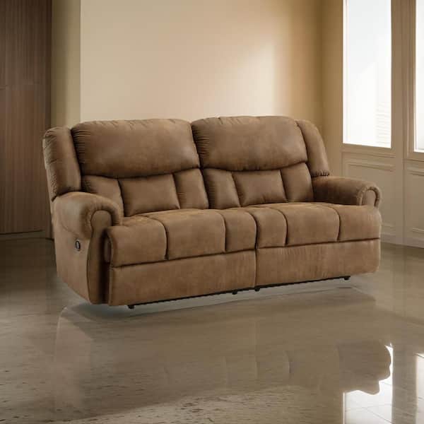 Benjara 42 in. Round Arm Faux Leather Rectangle Dual Seat Manual Recliner Sofa in Brown