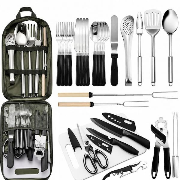 27-Piece Stainless Steel Outdoor Cookware Set in Green, Portable Camping Kitchen Utensil Set, Grilling Utensil Set