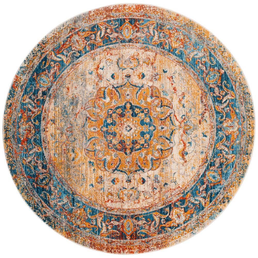 Vintage Blue Round Synthetic Easy Care Area Rug