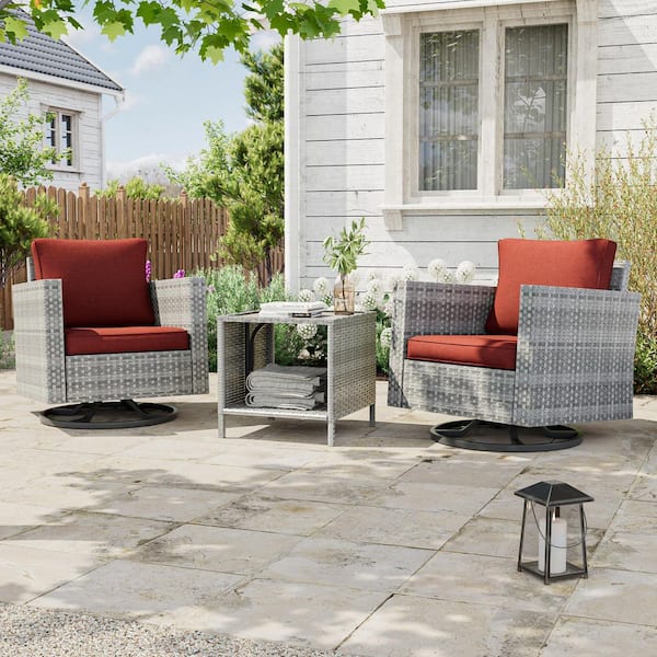 3-Piece Gray Wicker Patio Bistro Set Swivel Rocking Chairs for Outdoor Occasions of Lawn, Rust Red