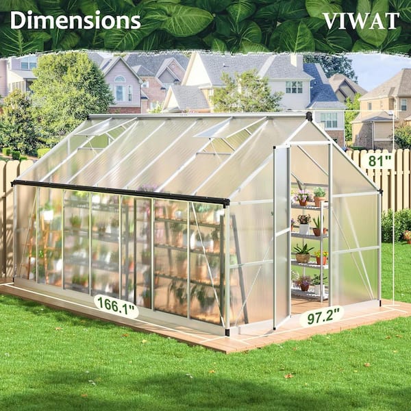 8 ft. W x 13.8 ft. D Greenhouse for Outdoors, Polycarbonate Greenhouse with Quick Setup Structure and Roof Vent, Silver