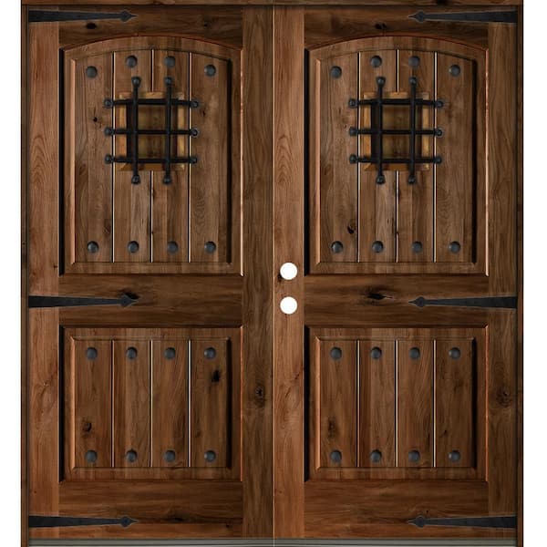 60 in. x 80 in. Mediterranean Knotty Alder Arch Top with Provincial Stain Right-Hand Wood Double Prehung Front Door