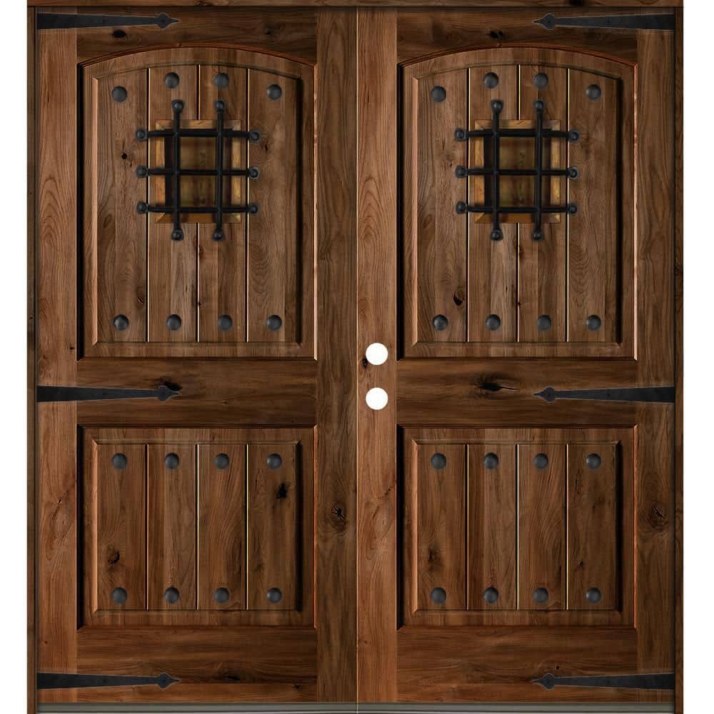 72 in. x 80 in. Mediterranean Knotty Alder Arch Top with Provincial Stain Right-Hand Wood Double Prehung Front Door price history on PriceWatchPro