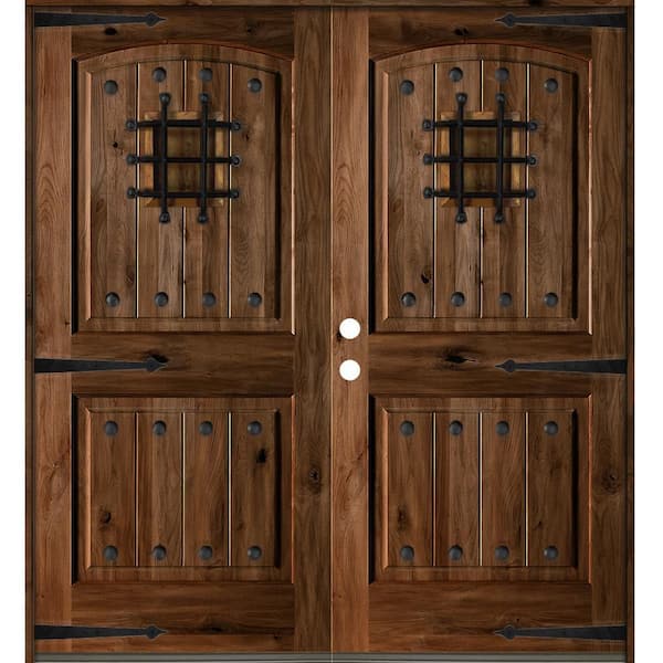 72 in. x 80 in. Mediterranean Knotty Alder Arch Top with Provincial Stain Right-Hand Wood Double Prehung Front Door