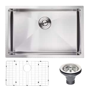 Silver Stainless Steel 27 in. Single Bowl Undermount Kitchen Sink With Sink Grid