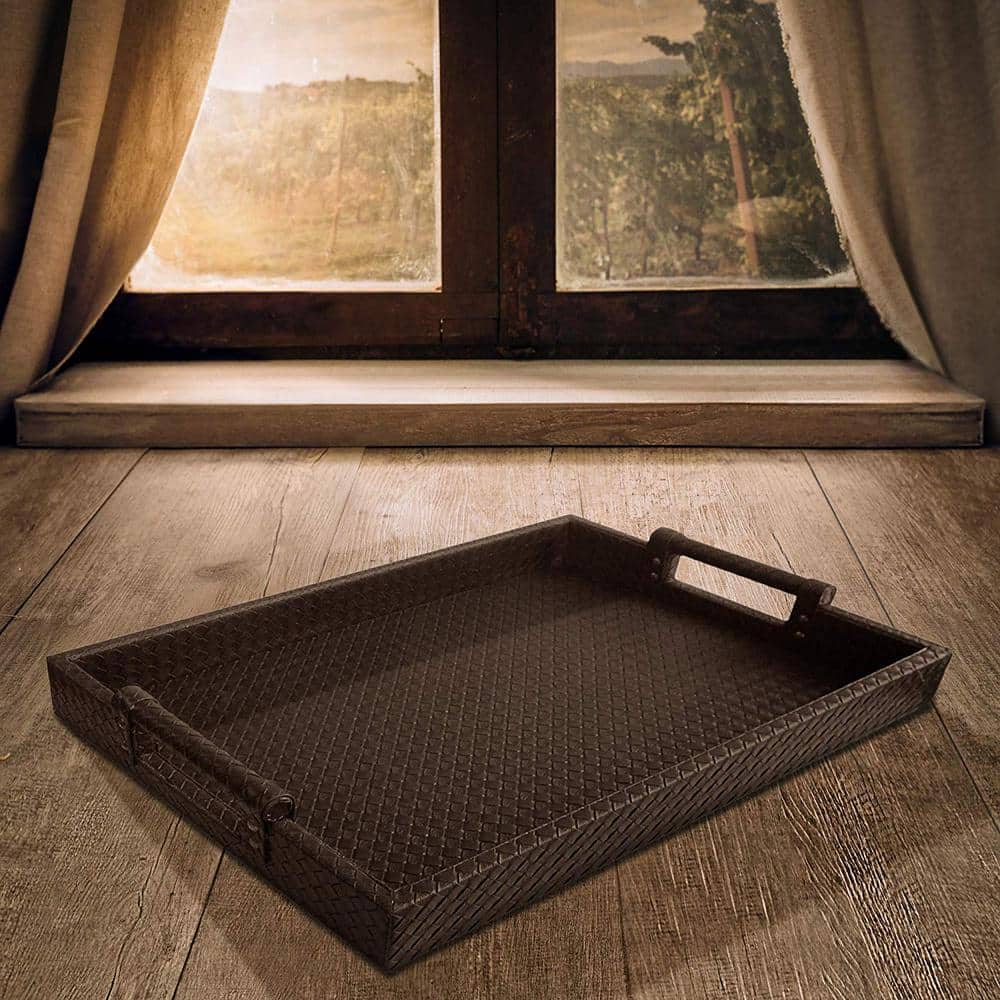 Brown Faux Leather Rectangular Serving Tray with Handles