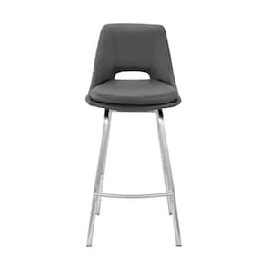 26 in. Elegant Grey Faux Leather Counter Stool with Stainless Steel Frame