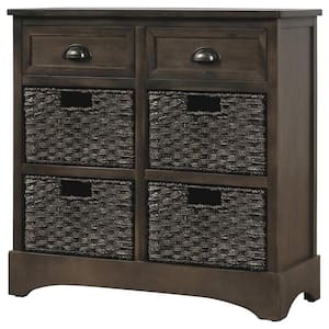 Brown, Gray 28.00 in. Rustic Storage Cabinet with 2 Drawers and 4 Rattan Basket for Dining Room, Living Room