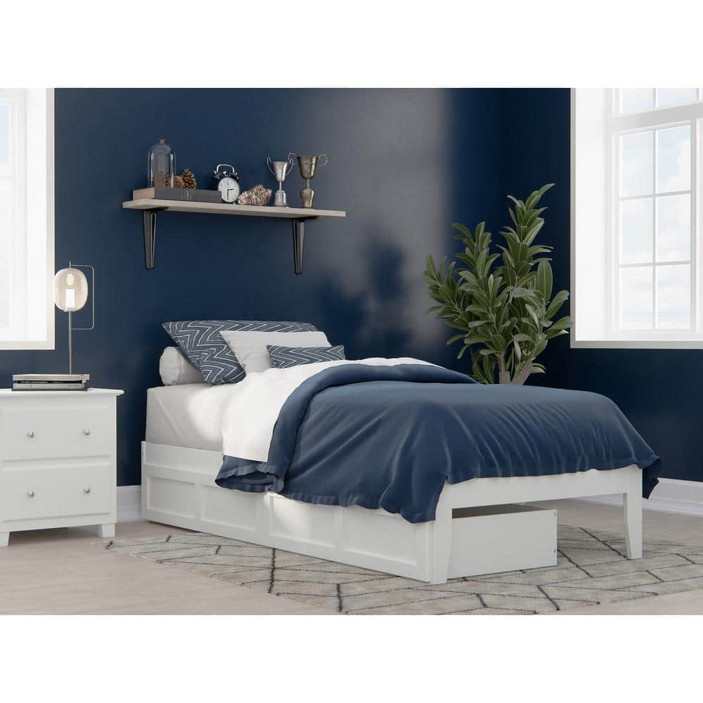White Twin Platform Bed with Storage Drawers and USB Charger