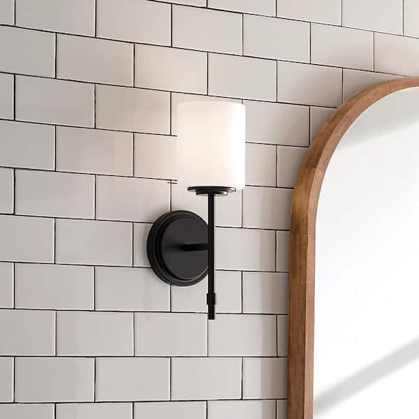 Ali 1-Light Black Bathroom Wall Sconce Light with Satin Etched Case Opal Glass Shade