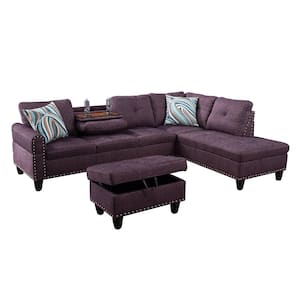 3-Piece-Black-Linen-6 Seats-L-Shaped-Right Facing-Sectionals