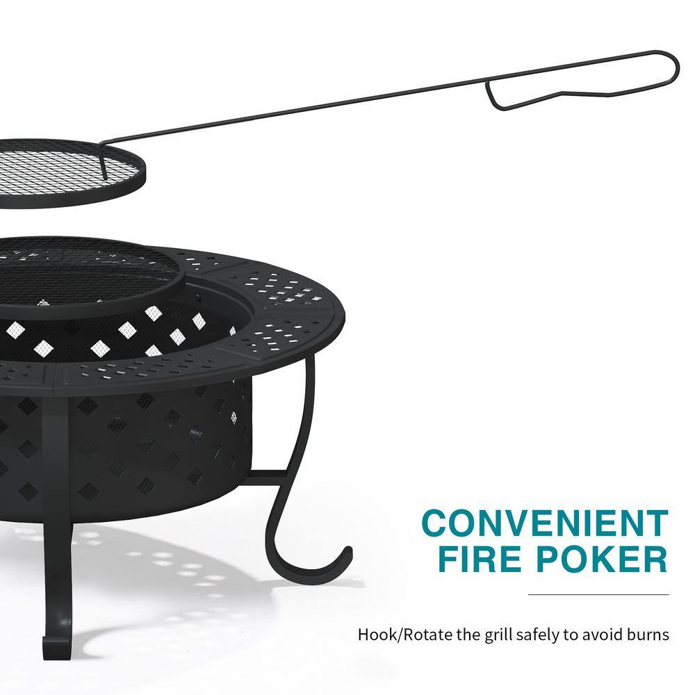 28" Black Round Wood Burning Fire Pit with Double Grill