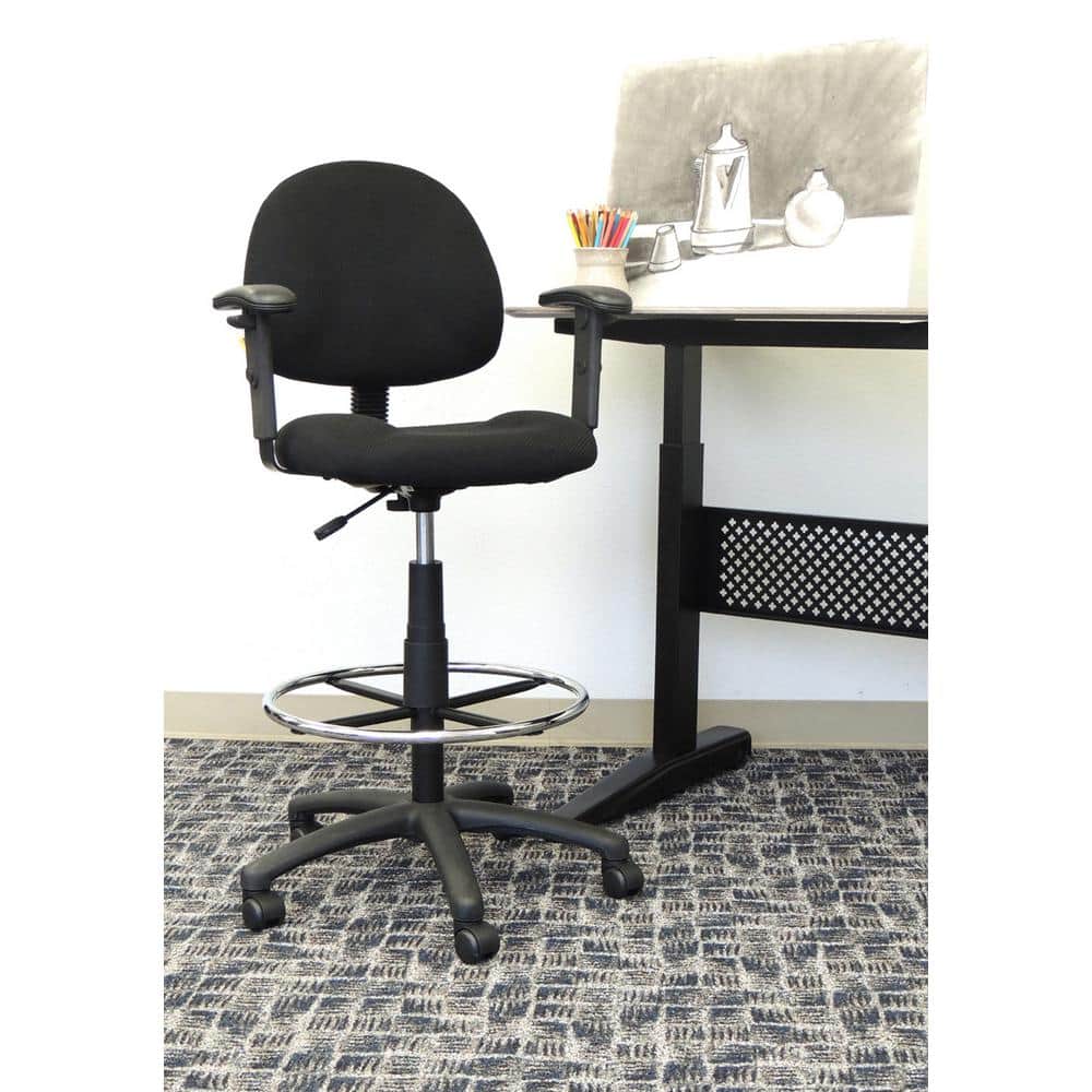 ErgoComfort Black Tweed Drafting Stool with Adjustable Arms and Chrome Footring