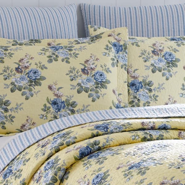 Laura Ashley キング Linley ベッドキルト3点セット イエロー Laura Ashley Linley 3-Piece Yellow Floral Cotton King Quilt Set