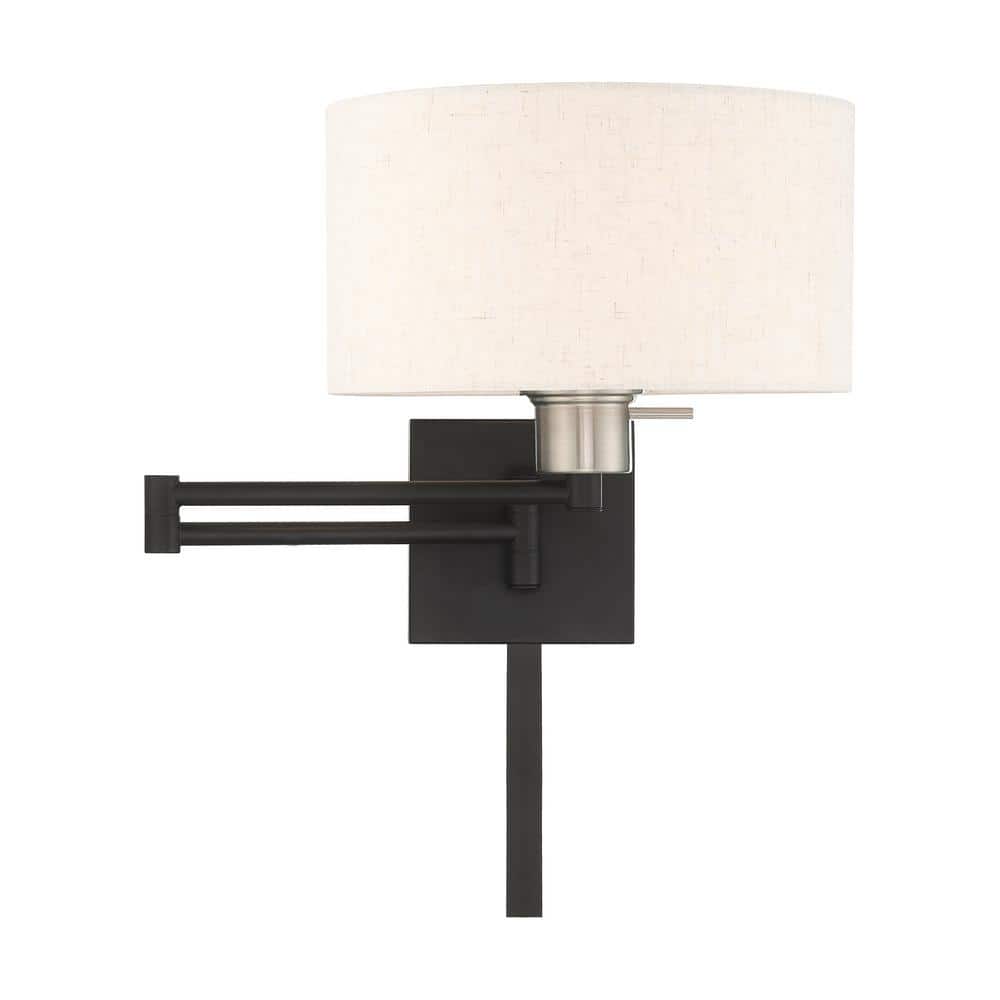 Black Steel Swing Arm Wall Lamp with Oatmeal Fabric Shade