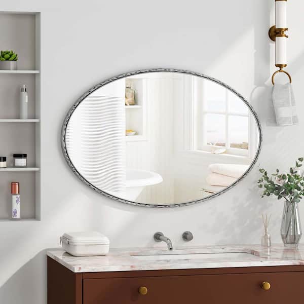 Unbranded Silver 26 in. W x 40 in. H Retro Framed Oval Wall Mirror Bathroom Vanity Mirror for Home Decor