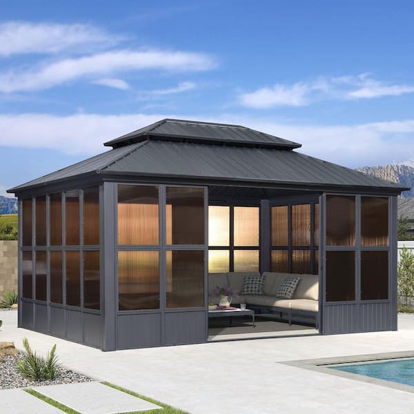 12 ft. x 16 ft. Sunroom Hardtop Gazebo Solarium Galvanized Steel Double Roof Aluminum Screen House Patio Backyard Gray