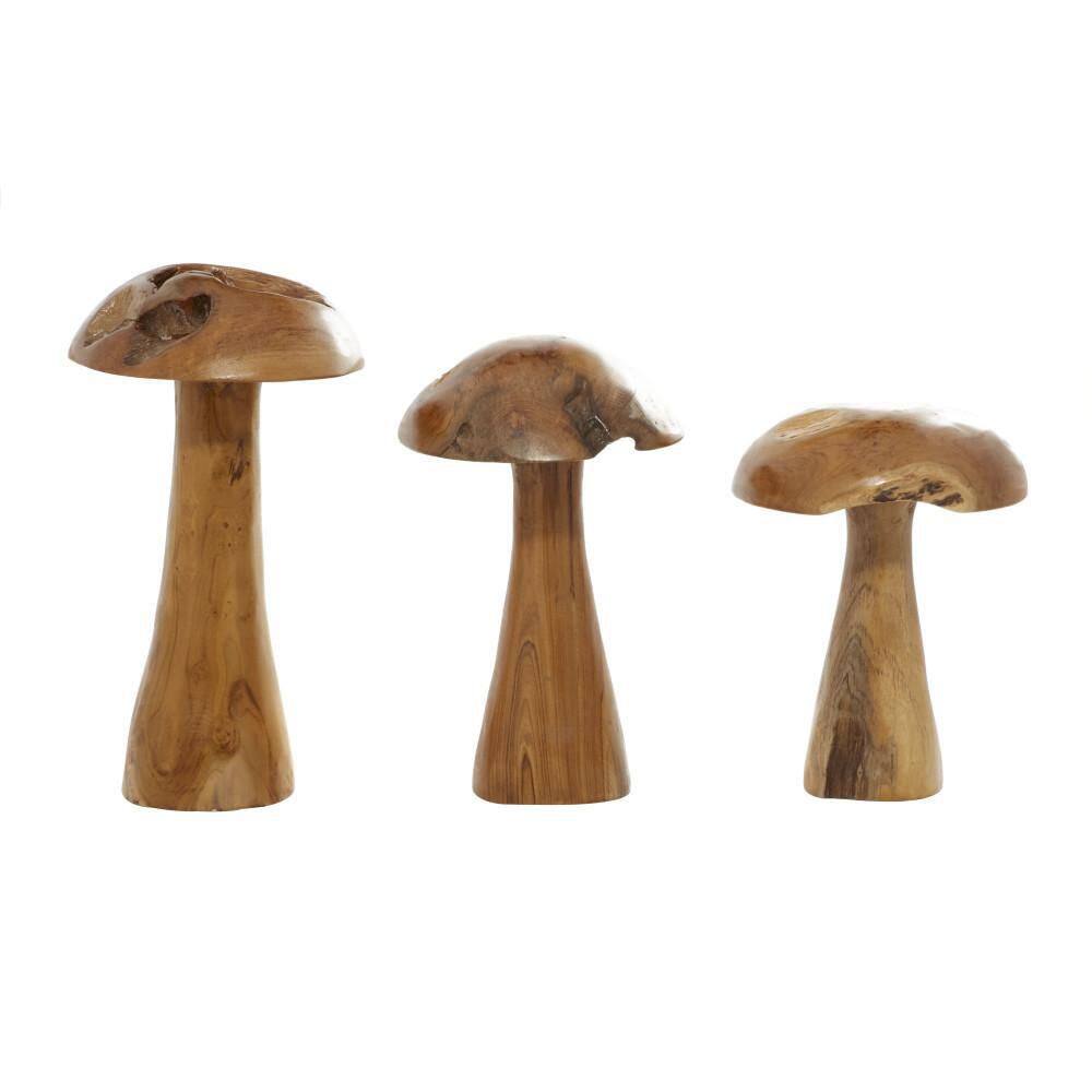 Handcrafted Teak Wood Mushroom Sculptures in Natural Brown, Set of 3