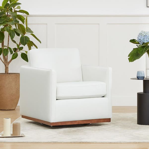 Kyle White Top Grain Leather Swivel Mid Century Accent Chairs Upholstered Arm Chair for Living Room or Bedroom