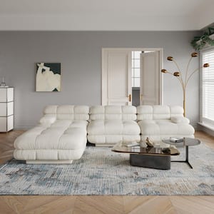113.4 in. Free Combination Minimalist L Shape Sofa 4-Wide Seats Tufted Teddy Velvet Sectional Couch with Ottoman, White
