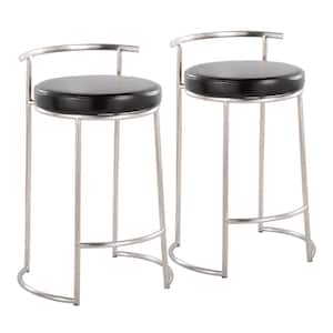 Round Fuji 31.5 in. Black Faux Leather and Stainless Steel Metal Low Back Counter Height Bar Stool (Set of 2)