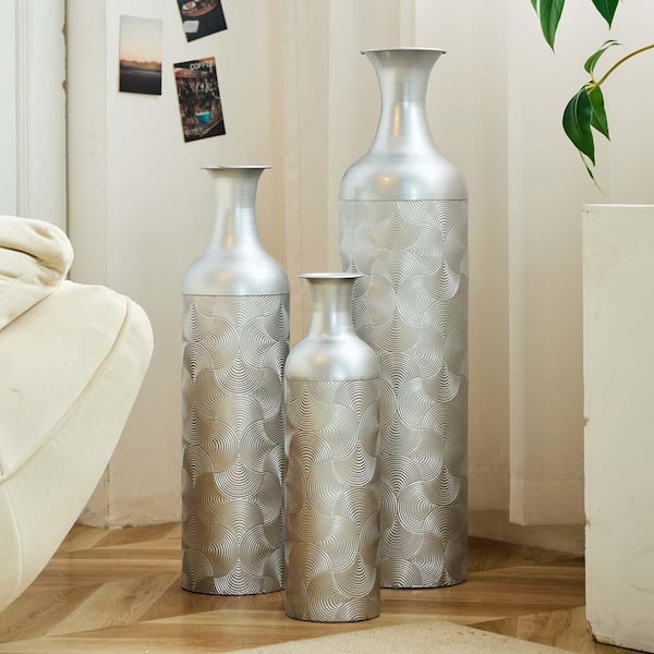 32.68 in. Silver Metal Bottle Floor Standing Vase Set of 3, Decorative Vases with Textured Pattern for Modern Home Decor P386873Q