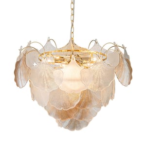 Radiance 10-Light French Polished Gold Chandelier Gilded Fixture with Ginkgo Textured Glass in Clear, Amber and Frosted