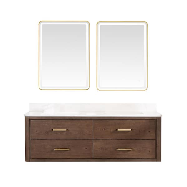 ROSWELL Cristo 60 in. W x 22 in. D x 20.6 in. H Double Sink Bath Vanity in Dark Brown with White Quartz Stone Top and Mirror