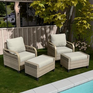 4 Pieces Brown Wicker Outdoor Patio Conversation Set Lounge Chair Set with Gray Cushions and Ottomans