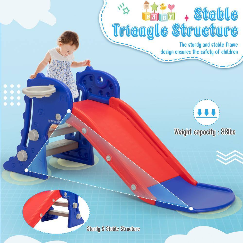 Blue and Red Dinosaur 3-in-1 Toddler Slide with Ladder and Hoop