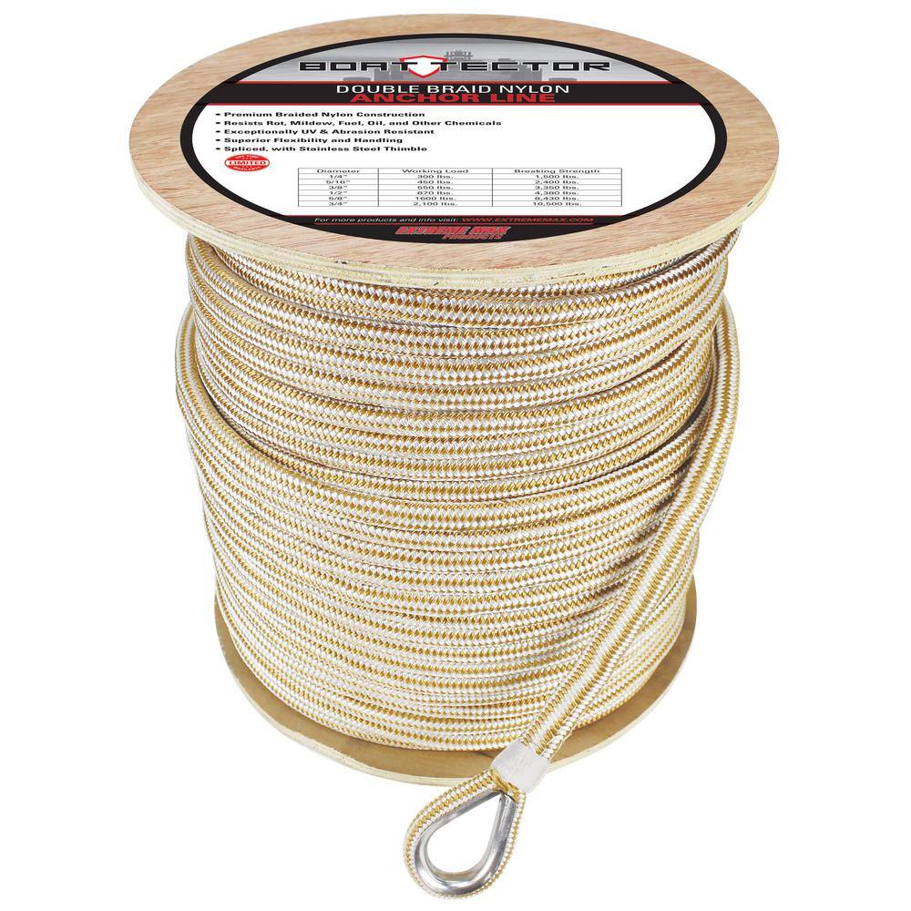 Extreme Max BoatTector Double Braid Nylon Anchor Line with Thimble - 5/8  in. x 600 ft., White and Gold 3006.2282 - The Home Depot