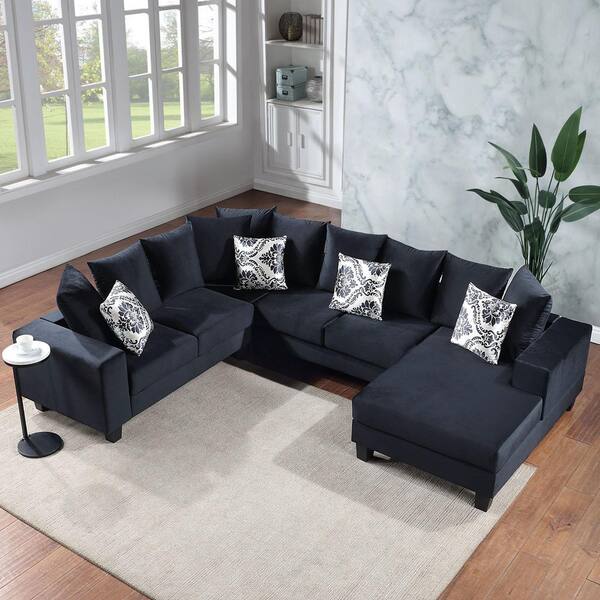 Unbranded 110 in. Square Arm Velvet 6-Piece U Shaped Modern Sectional Sofa in Black with Chaise For Living Room