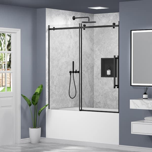 56 in. to 60 in. W x 58 in. H Single Reversible Sliding Frameless Tub Door in Matte Black with Clear Tempered Glass