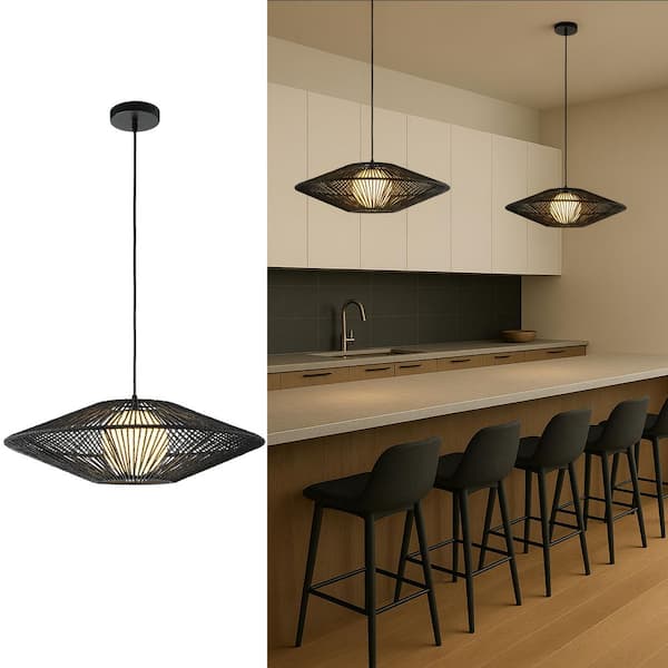 1-Light 23 in. Modern Black Hand-Woven Rattan Chandelier Bubble Trasitional Natura Pendant Light For Dining Room