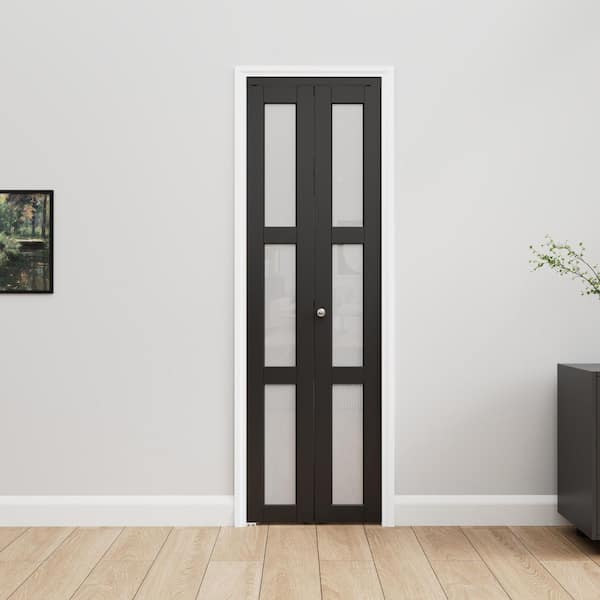 24 in. x 80 in. 3-Lite Frosted Glass Solid Core MDF Black Finished Glass Closet Bifold Door with Hardware for Closet