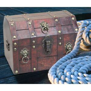 Antique Wooden Pirate Treasure Chest with Lion Rings and Lockable Latch
