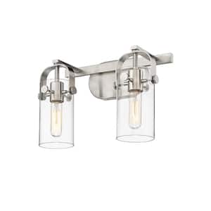 Pilaster 14.88 in. 2 Light Brushed Satin Nickel Vanity Light with Clear Glass Shade