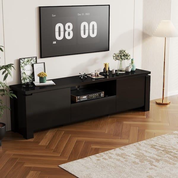 Black High Gloss Finish TV Stand Entertainment Center Fits TVs up to 80 in. with LED Lights and Cable Management
