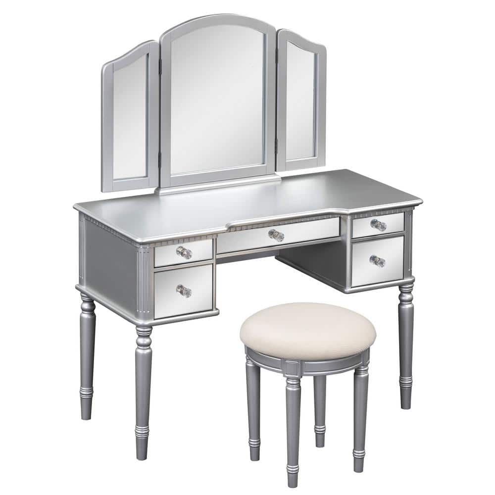 2-Piece Sliver Mirror Makeup Vanity Set with Mirrored Drawers and Stool