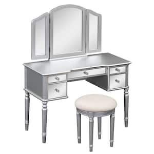 2-Piece Sliver Mirror Makeup Vanity Set with Mirrored Drawers and Stool