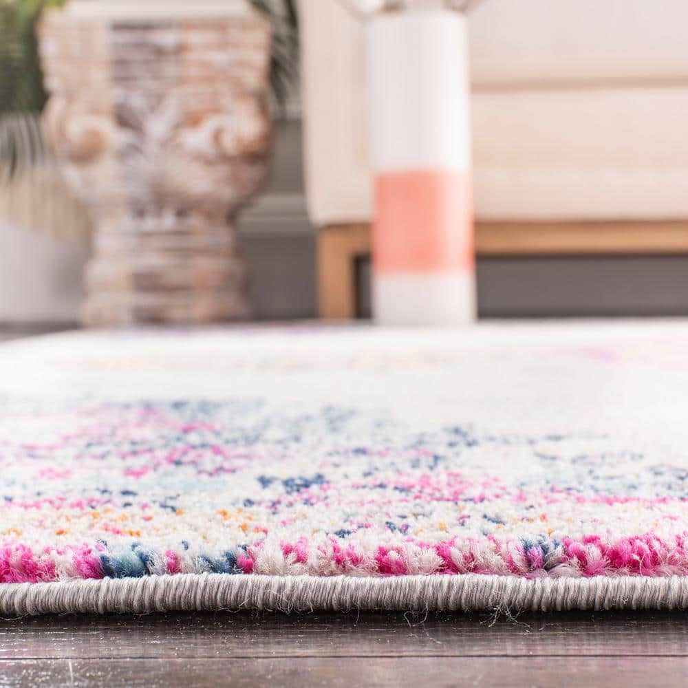 Ivory and Fuchsia Distressed Medallion 8' x 10' Area Rug