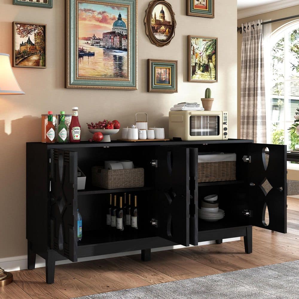 Maddox Modern 60.5 in. W Black Wood Buffet Sideboard Cabinet with 4-Door and Adjustable Shelves